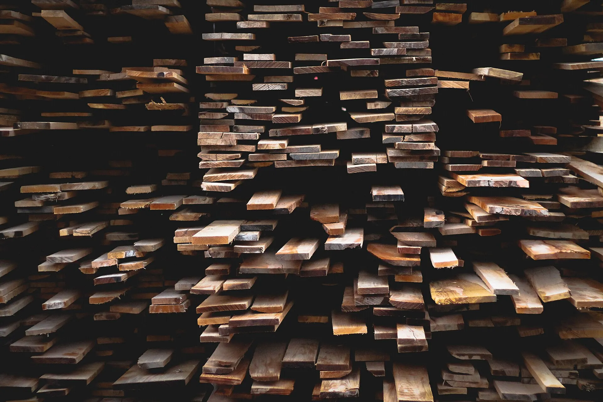 A large stack of lumber seen from above